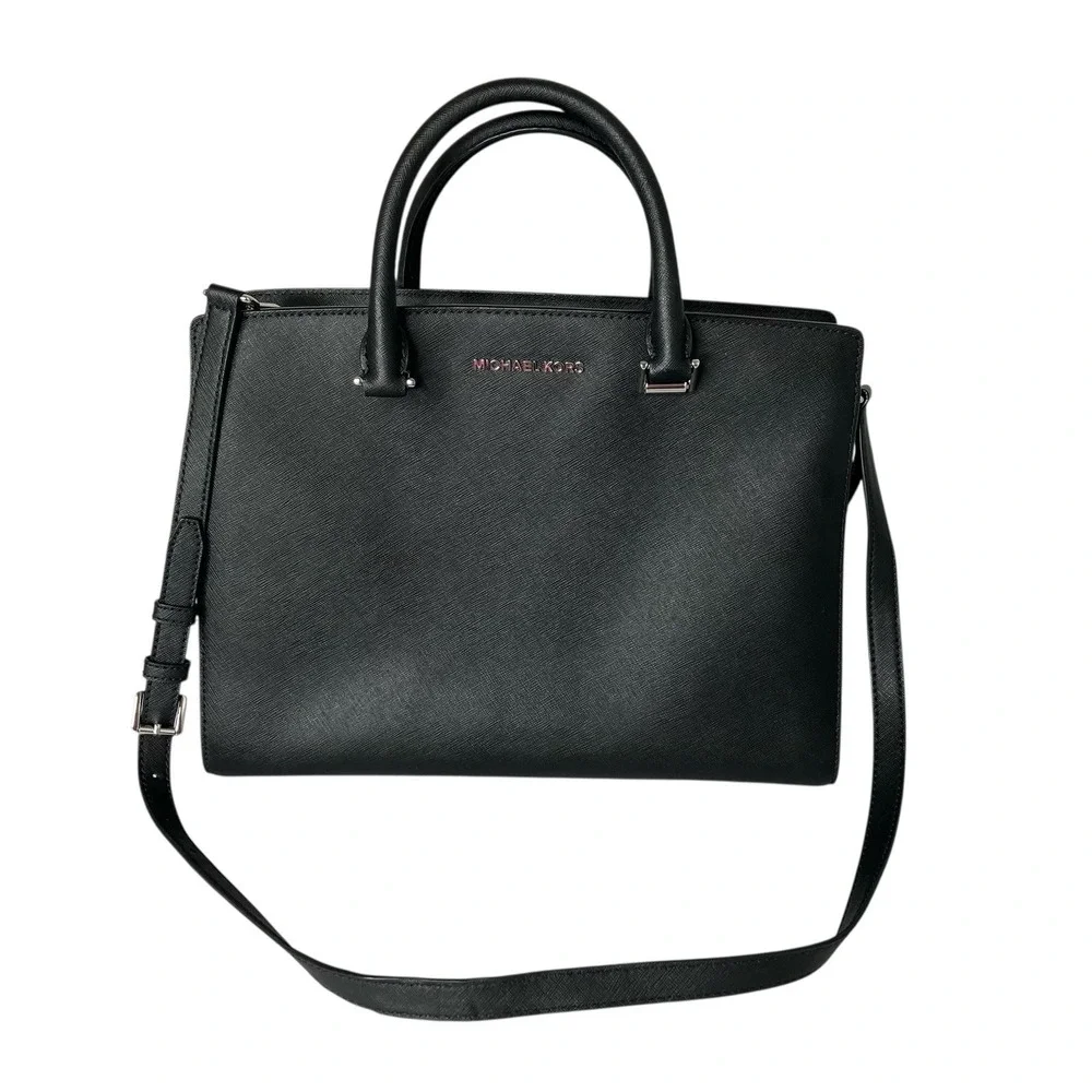 Michael Kors Large‎ Savannah Saffiano Leather Satchel Bag Black & Silver